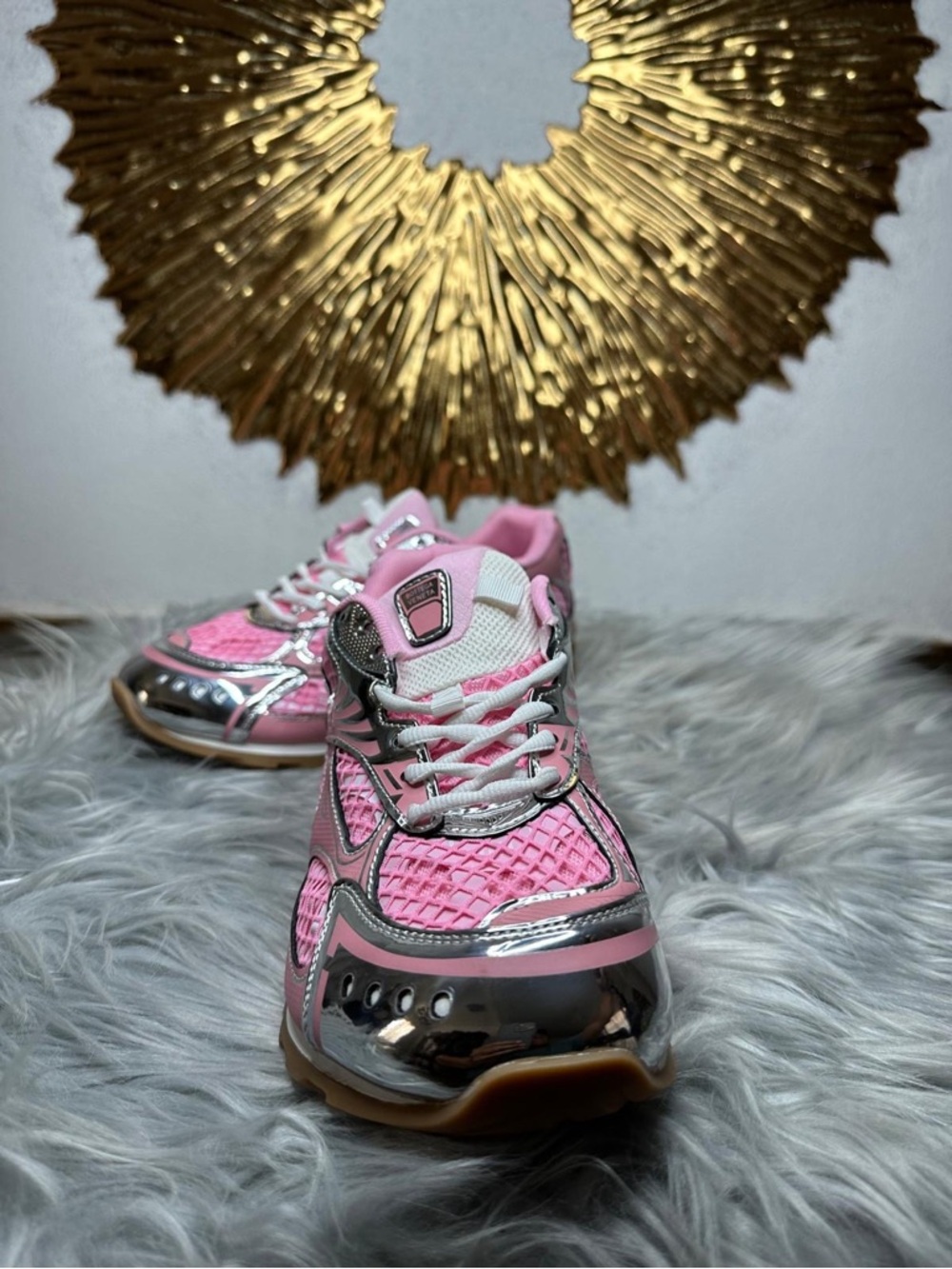 Pink Metallic Mesh Women's Athletic Sneakers